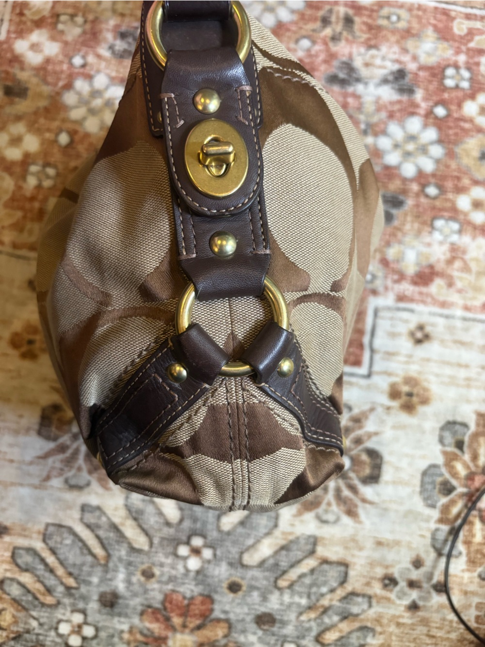 Coach Carly 12871 Tan Signature Canvas Shoulder Bag with Dark Brown Trim - Picture 4 of 12